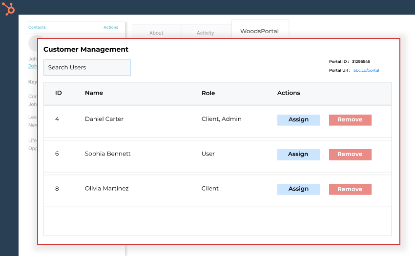 User management card inside a HubSpot customer portal UI extension
