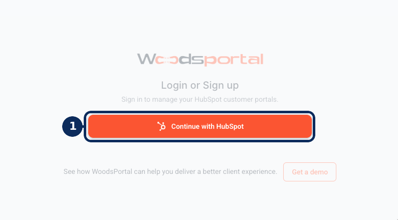 WoodsPortal administrator login screen with HubSpot sign-in option