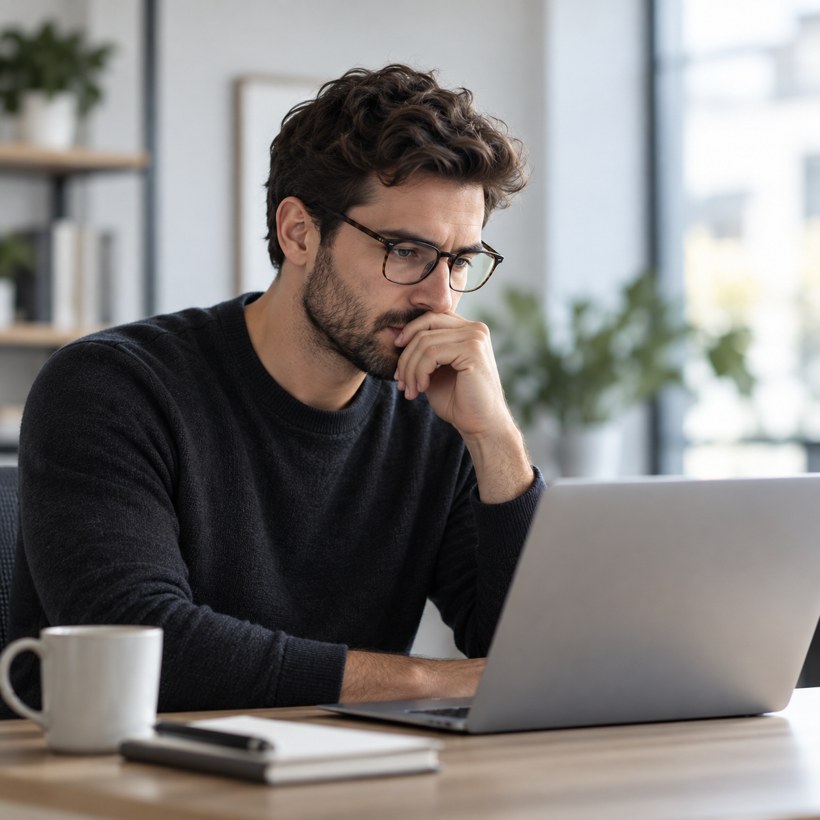 Thoughtful professional working at a laptop, illustrating information overload